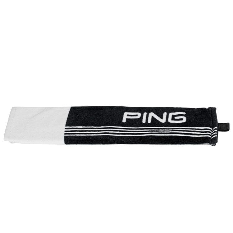 Toalla de golf Ping de tres pliegues en blanco y negro TOALLAS PING Galaxy Golf